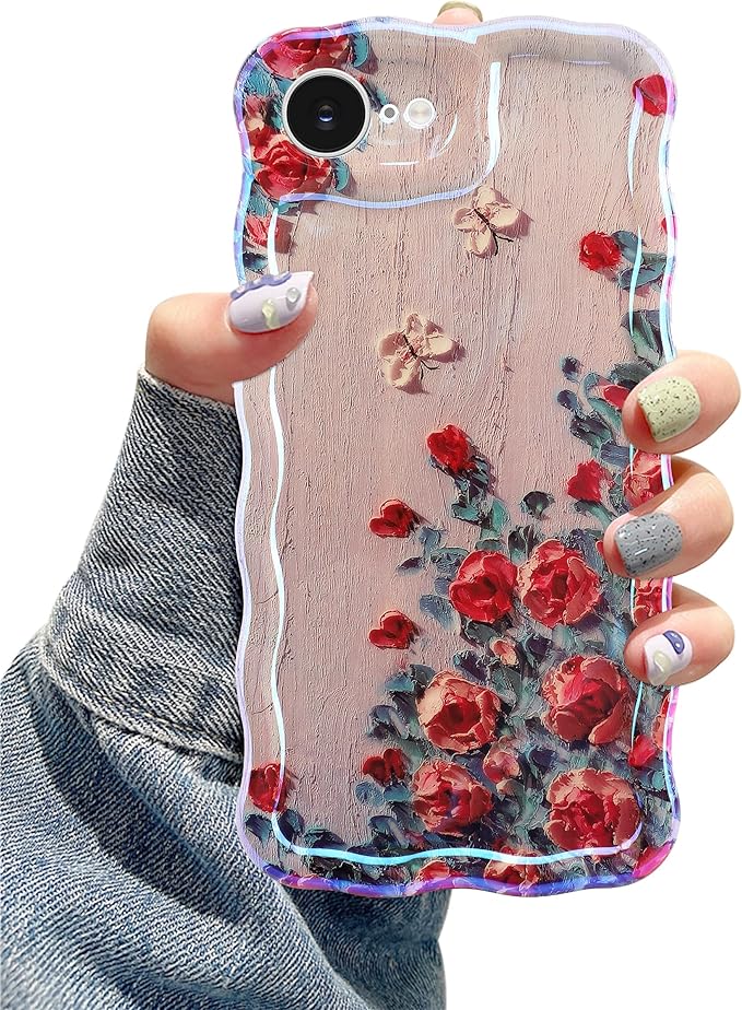 Jusy Compatible with iPhone 16e, Colorful Retro Oil Painting Printed Flower Laser Glossy Pattern Cute Curly Wave Phone Case Soft TPU Cover for Girly Women - Beige