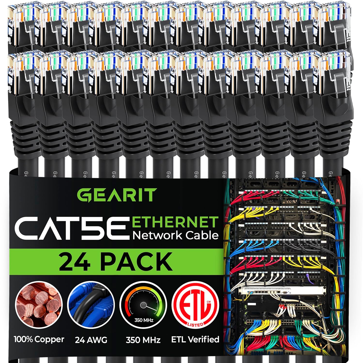 GEARIT 24-Pack, Cat5e Ethernet Patch Cable 1 Foot - Snagless RJ45 Computer LAN Network Cord, Black