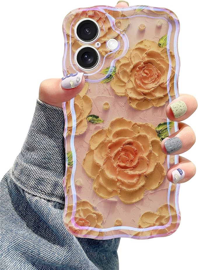 Jusy Compatible with iPhone 16, Colorful Retro Oil Painting Printed Flower Laser Glossy Pattern Cute Curly Wave Phone Case Soft TPU Cover for Girly Women - Pink Rose