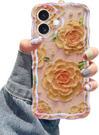 Jusy Compatible with iPhone 16 Plus, Colorful Retro Oil Painting Printed Flower Laser Glossy Pattern Cute Curly Wave Phone Case Soft TPU Cover for Girly Women - Pink Rose