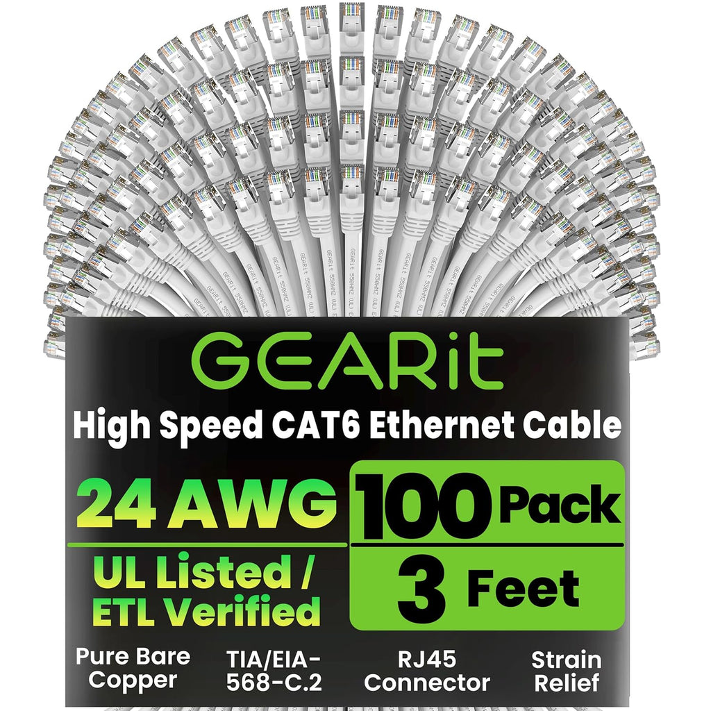 GEARit Cat 6 Ethernet Cable (100-Pack 3 Feet) Cat6 Network Patch, 10Gbps, RJ45, Snagless Cord, Gold-Plated Connectors, Internet for PC, TV, Tablet, Router, Printer, Servers, IT Data Center - White