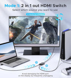 HDMI Switch 2 in 1 Out 4K@60Hz, WARRKY[with 3.3ft Fixed Braided HDMI Cable, Aluminum Case, 2K@144Hz, HDCP 2.2] Bidirectional 2x1 Switcher Splitter Compatible for PS5/4, Xbox, Roku, FireStick, Switch