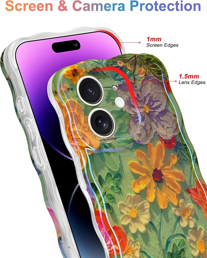 Jusy Compatible with iPhone 11, Colorful Retro Oil Painting Printed Flower Laser Glossy Pattern Cute Curly Wave Phone Case Soft TPU Cover for Girly Women - Green Yellow