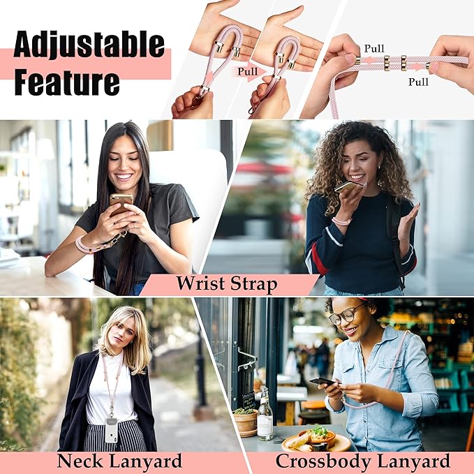 Universal Phone Lanyard With Adjustable Crossbody Neck Strap and Wristlet, 2 Lobster Clips, Tether Patches and Phone Straps (Pink, 2 Pack)