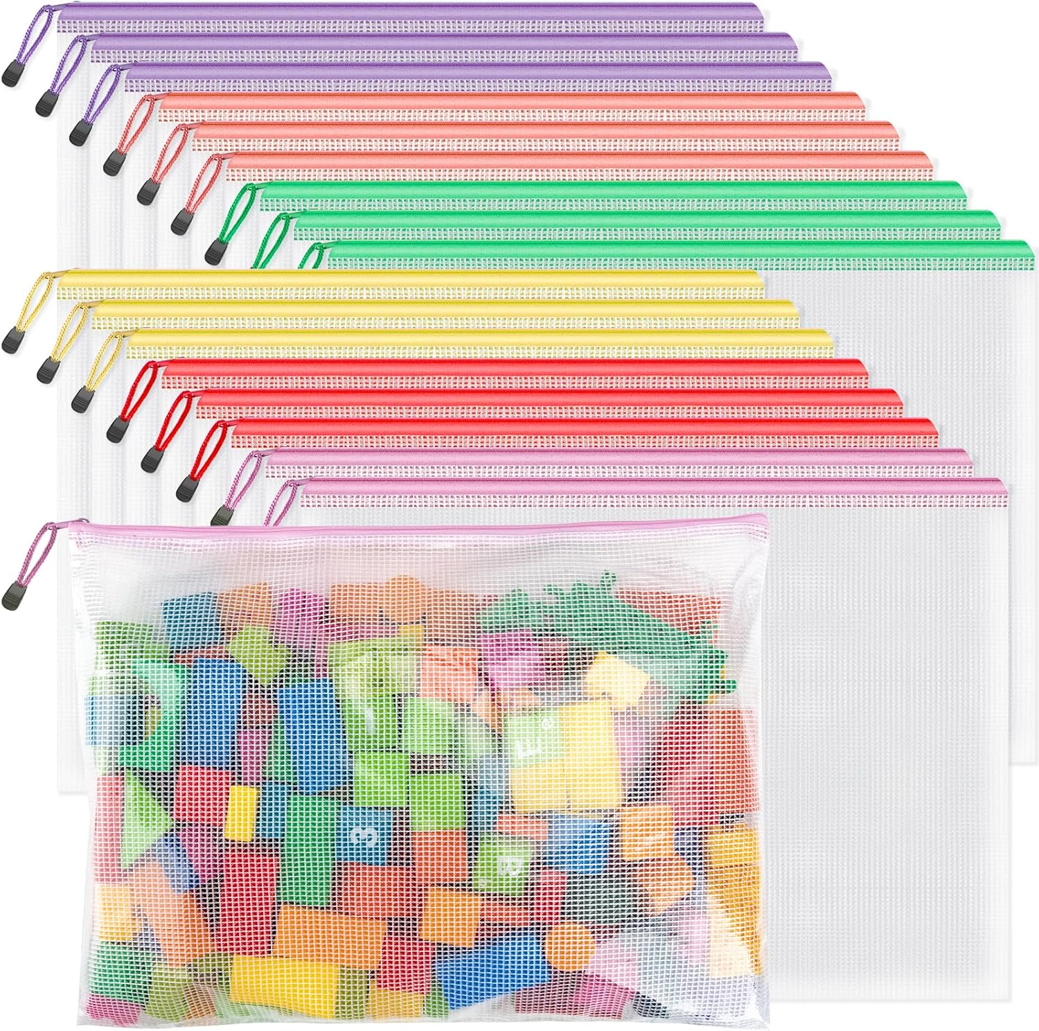 Umriox Zipper Mesh Document Pouch, 16.9x12.4 in (6 Colors, 18 Packs), Clear Zipper Pouches, Waterproof Zipper Pouches for Craft Projects Office Supplies Cosmetics Travel Storage