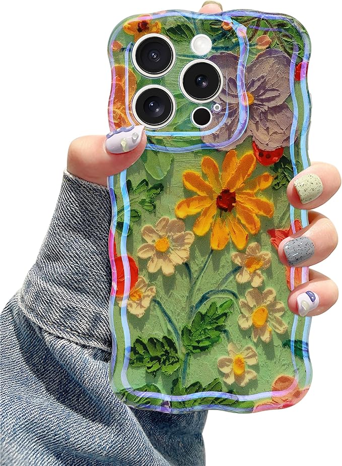 Jusy Compatible with iPhone 12 Pro Max, Colorful Retro Oil Painting Printed Flower Laser Glossy Pattern Cute Curly Wave Phone Case Soft TPU Cover for Girly Women - Green Yellow