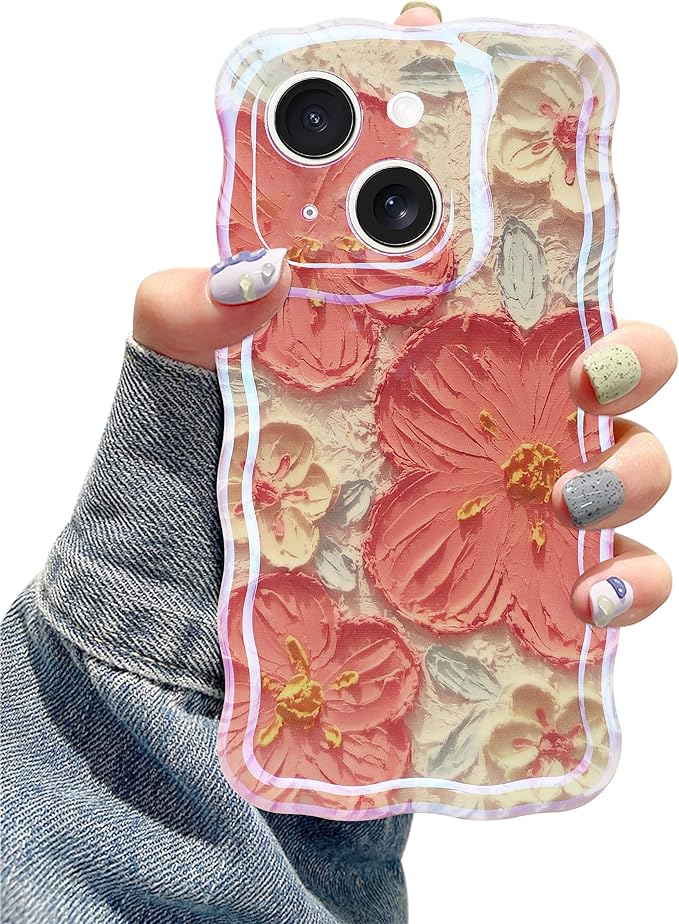 Jusy Compatible with iPhone 13, Colorful Retro Oil Painting Printed Flower Laser Glossy Pattern Cute Curly Wave Phone Case Soft TPU Cover for Girly Women - Orange White