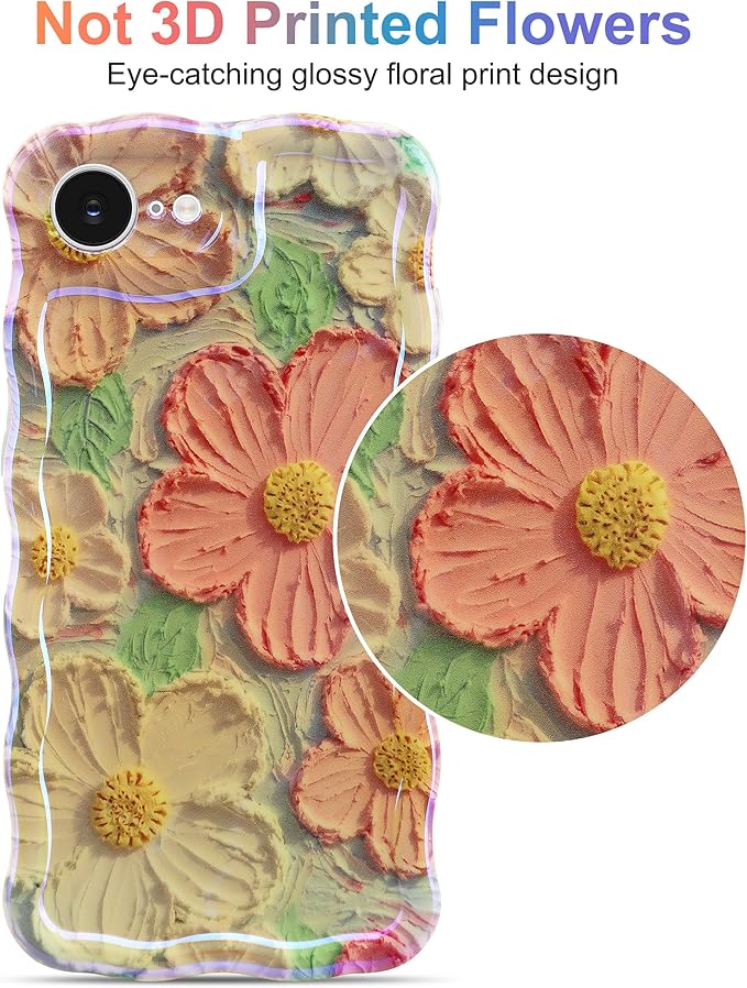 Jusy Compatible with iPhone 16e, Colorful Retro Oil Painting Printed Flower Laser Glossy Pattern Cute Curly Wave Phone Case Soft TPU Cover for Girly Women - Orange Yellow