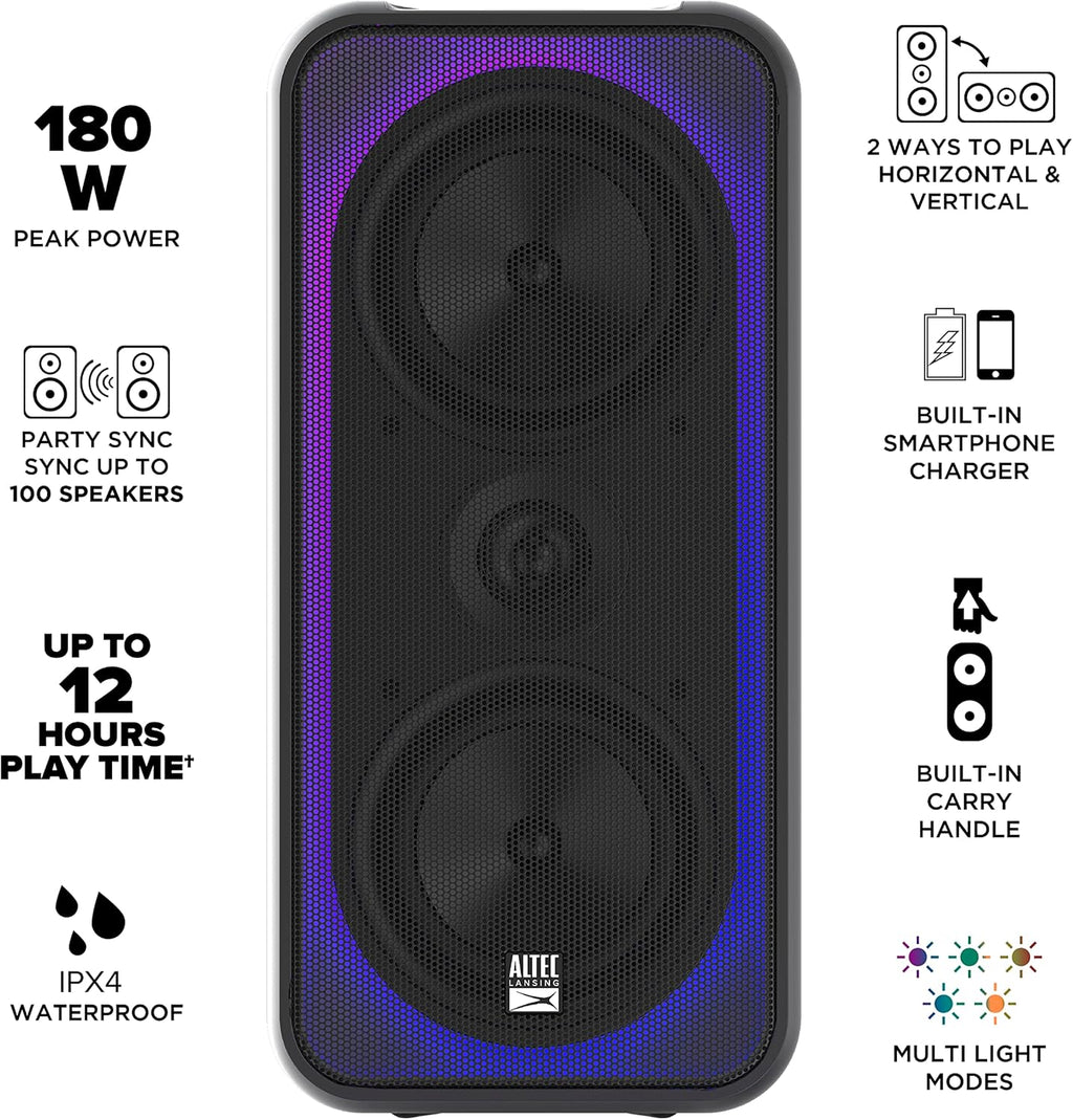 Altec Lansing Shockwave 200 Wireless Party Speaker 180W Bluetooth Speaker with a Long Lasting 12 Hour Battery, Multi LED Party Modes, Multiple bass Boost Modes, Party Sync, AM/FM Radio