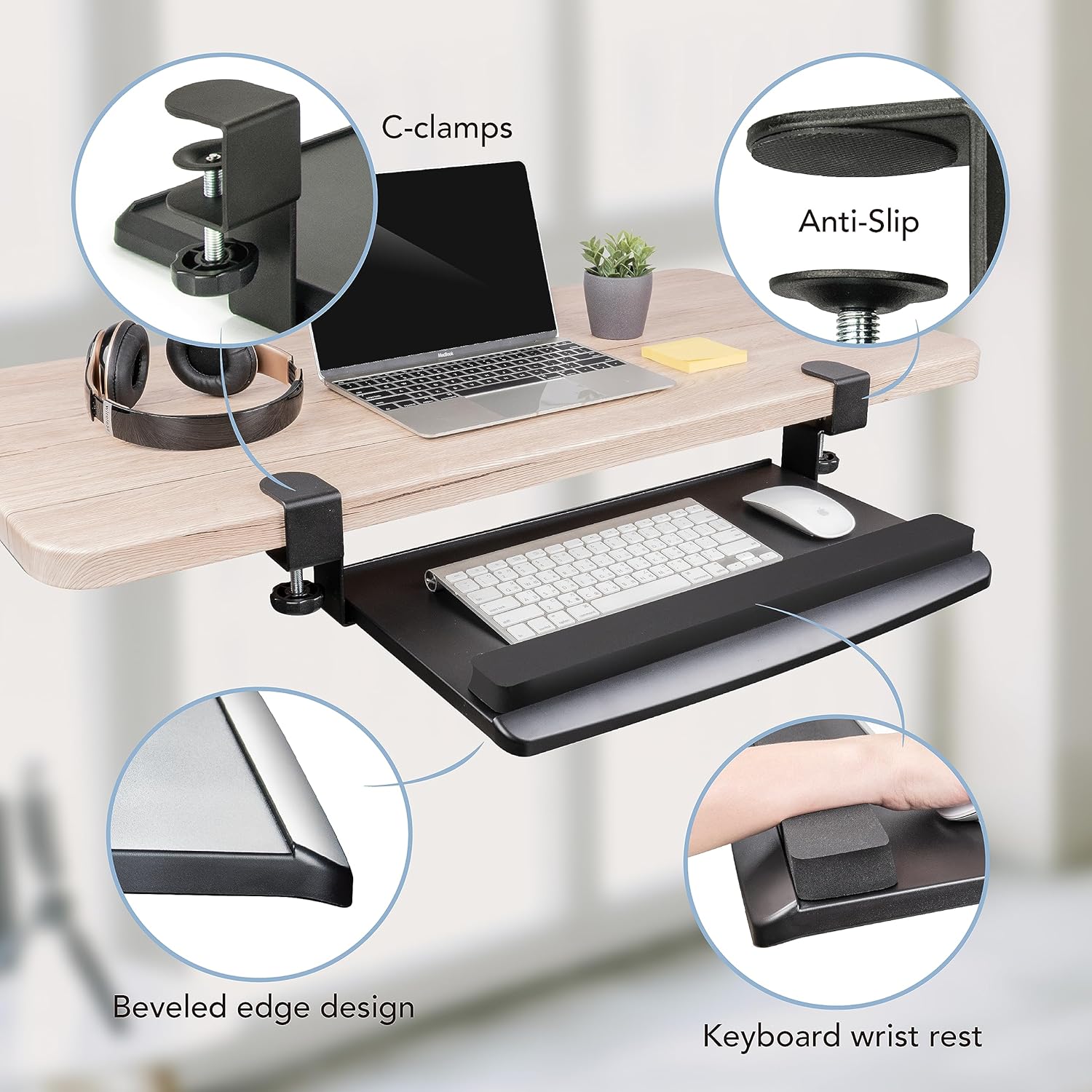 EHO Clamp-On Retractable Adjustable Keyboard Tray, Under Desk Ergonomic Keyboard Tray - Easy Tool-Free Install - Small with Wrist Rest 20" (24.8" Including Clamps) x 11.5" for Enhanced Typing Comfort