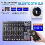 Pro DJ Mixer 12-Channel Audio Console - Bluetooth/USB Streaming, 48V Phantom Power, 3-Band EQ for Live Stage, Recording Studio & Karaoke Systems (CT-12)