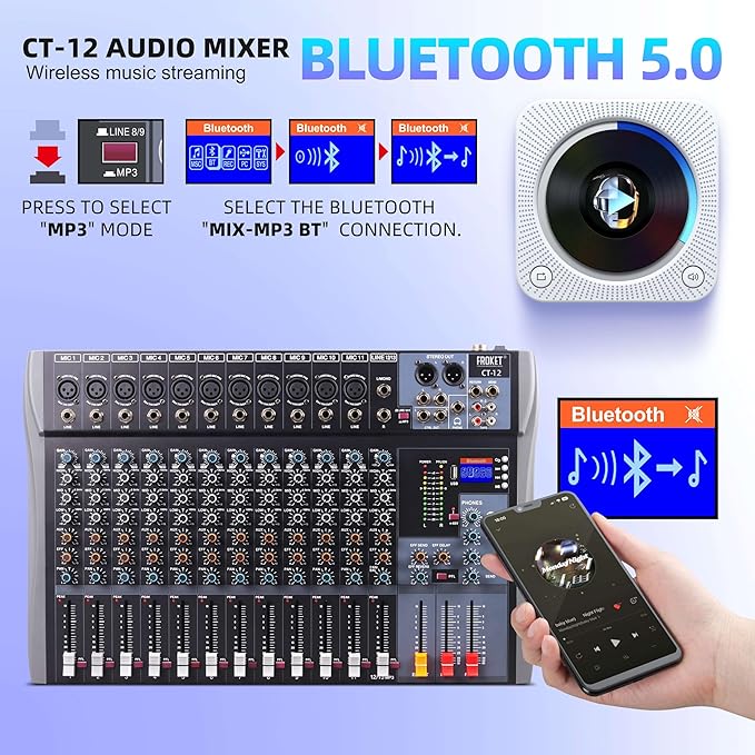 Pro DJ Mixer 12-Channel Audio Console - Bluetooth/USB Streaming, 48V Phantom Power, 3-Band EQ for Live Stage, Recording Studio & Karaoke Systems (CT-12)