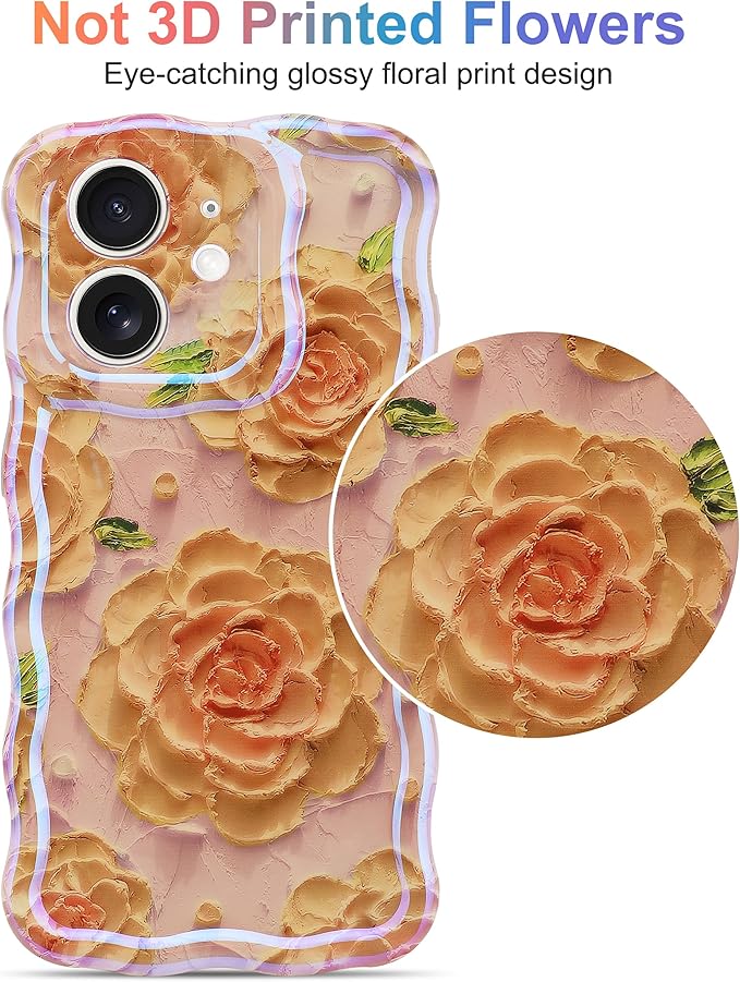 Jusy Compatible with iPhone 11, Colorful Retro Oil Painting Printed Flower Laser Glossy Pattern Cute Curly Wave Phone Case Soft TPU Cover for Girly Women - Pink Rose