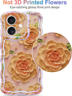 Jusy Compatible with iPhone 12, Colorful Retro Oil Painting Printed Flower Laser Glossy Pattern Cute Curly Wave Phone Case Soft TPU Cover for Girly Women - Pink Rose