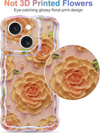 Jusy Compatible with iPhone 15, Colorful Retro Oil Painting Printed Flower Laser Glossy Pattern Cute Curly Wave Phone Case Soft TPU Cover for Girly Women - Pink Rose