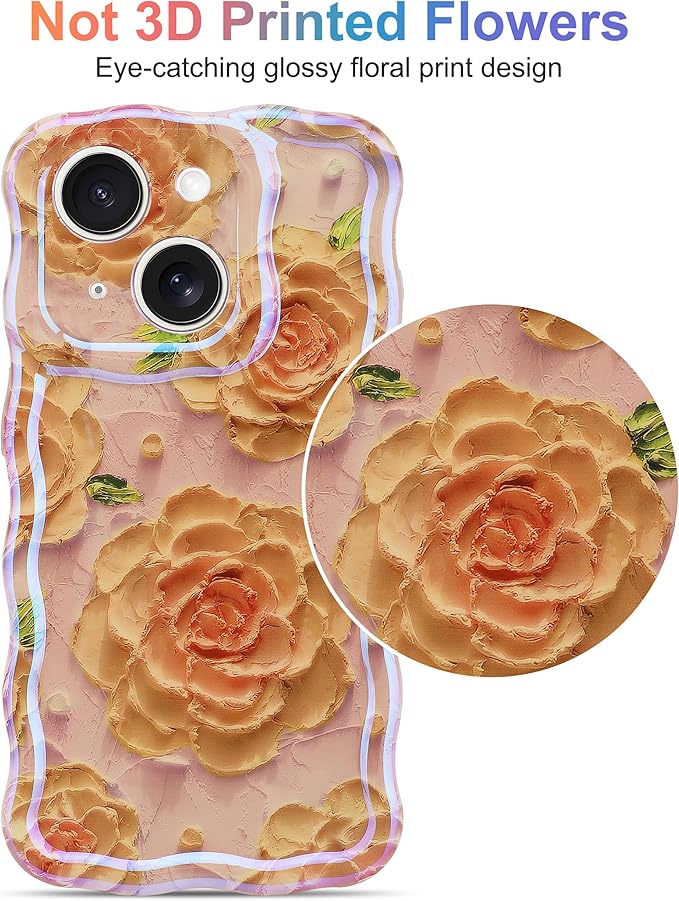Jusy Compatible with iPhone 13, Colorful Retro Oil Painting Printed Flower Laser Glossy Pattern Cute Curly Wave Phone Case Soft TPU Cover for Girly Women - Pink Rose