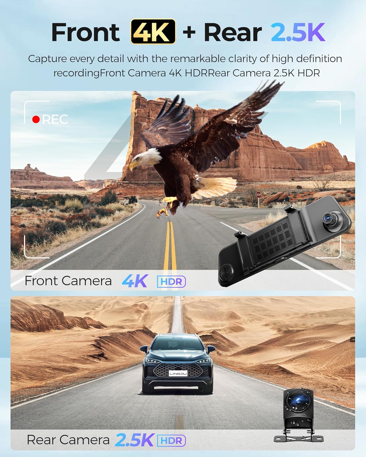 12" Mirror Dash Cam, 4K UHD Front and 2.5K Rear View Dash Camera for Car, with ADAS BSD LCA Smart Mode, GPS, G-Sensor, Loop Recording, Parking Monitor, Voice Control, 5.8GHz WiFi