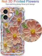 Jusy Compatible with iPhone 16 Plus, Colorful Retro Oil Painting Printed Flower Laser Glossy Pattern Cute Curly Wave Phone Case Soft TPU Cover for Girly Women - Light Purple