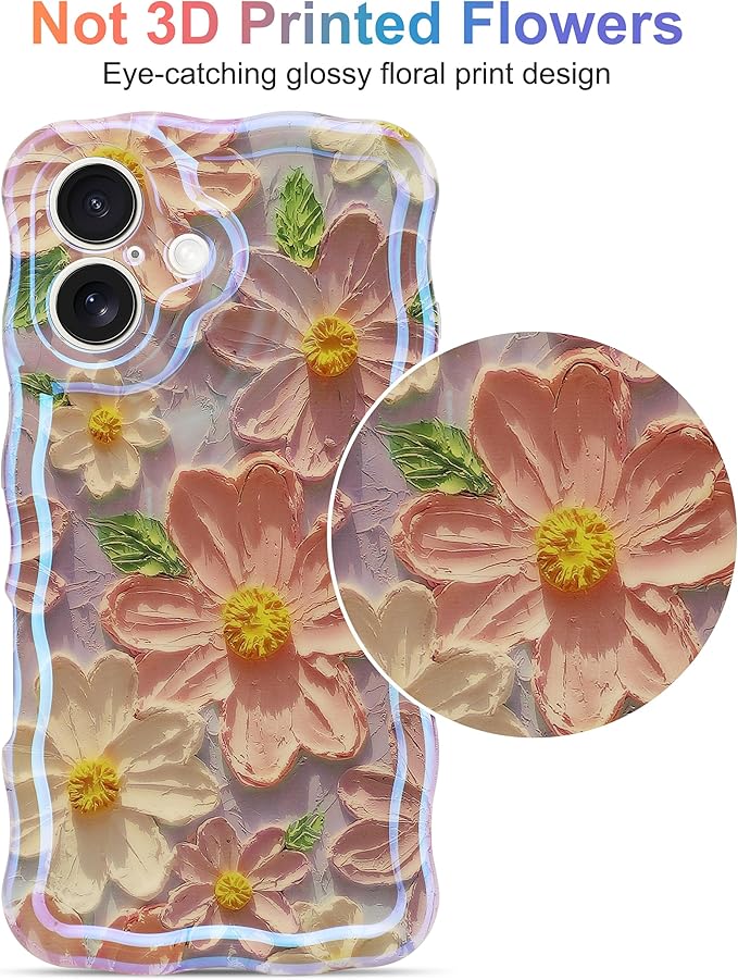 Jusy Compatible with iPhone 16 Plus, Colorful Retro Oil Painting Printed Flower Laser Glossy Pattern Cute Curly Wave Phone Case Soft TPU Cover for Girly Women - Light Purple