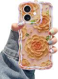 Jusy Compatible with iPhone 12, Colorful Retro Oil Painting Printed Flower Laser Glossy Pattern Cute Curly Wave Phone Case Soft TPU Cover for Girly Women - Pink Rose