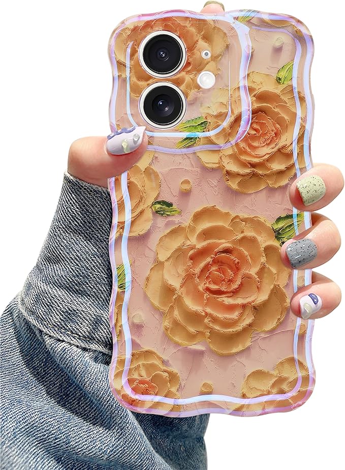 Jusy Compatible with iPhone 12, Colorful Retro Oil Painting Printed Flower Laser Glossy Pattern Cute Curly Wave Phone Case Soft TPU Cover for Girly Women - Pink Rose
