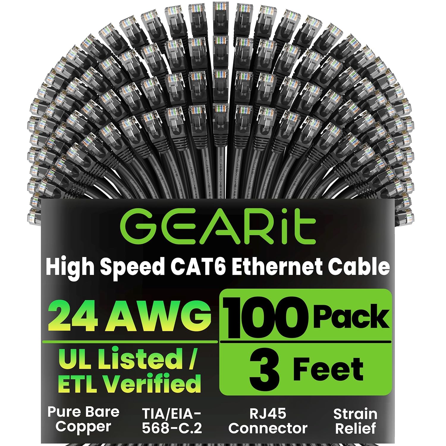 GEARit Cat 6 Ethernet Cable Pack - 100-Pack 3 ft Cat6 Ethernet Patch Cables | RJ45 Network Patch Cable, 10 Gbps Snagless Gold-Plated Connectors - Ethernet Cable Cat 6 for PC, TV, Router - Black