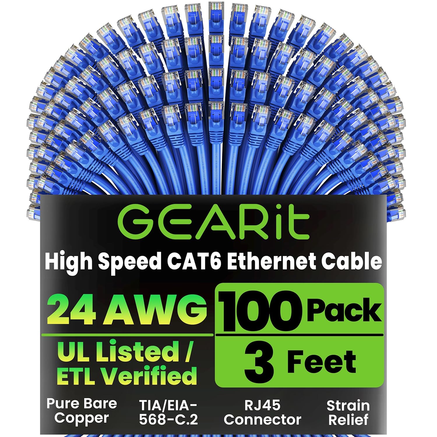 GEARit Cat 6 Ethernet Cable Pack - 100-Pack 3 ft Cat6 Ethernet Patch Cables | RJ45 Network Patch Cable, 10 Gbps Snagless Gold-Plated Connectors - Ethernet Cable Cat 6 for PC, TV, Router - Blue