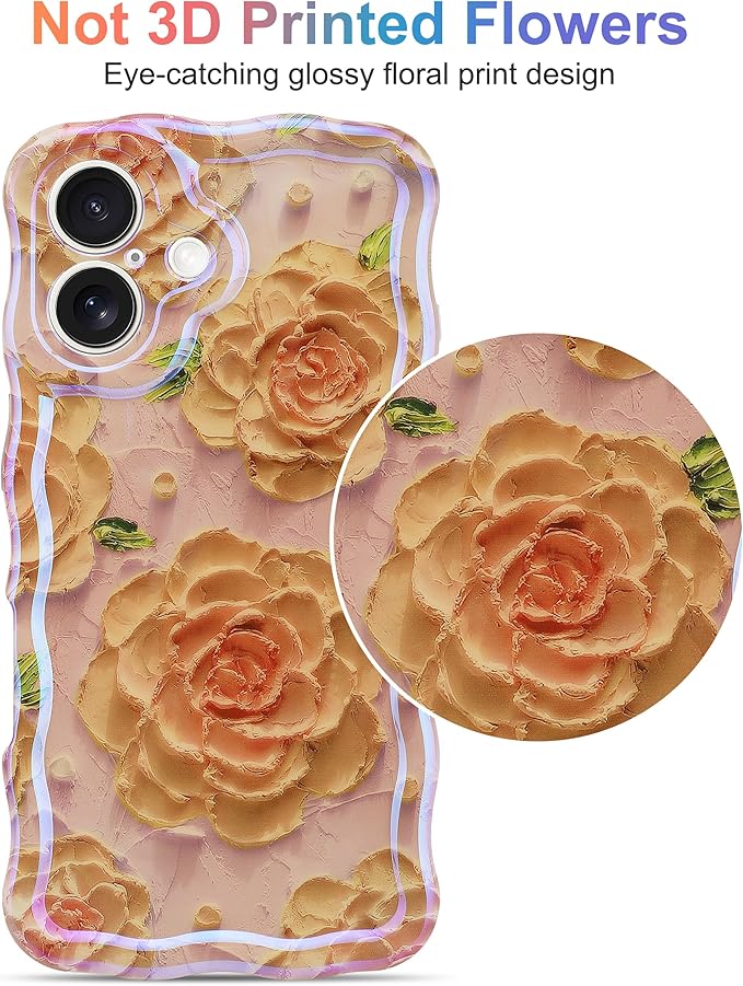 Jusy Compatible with iPhone 16, Colorful Retro Oil Painting Printed Flower Laser Glossy Pattern Cute Curly Wave Phone Case Soft TPU Cover for Girly Women - Pink Rose