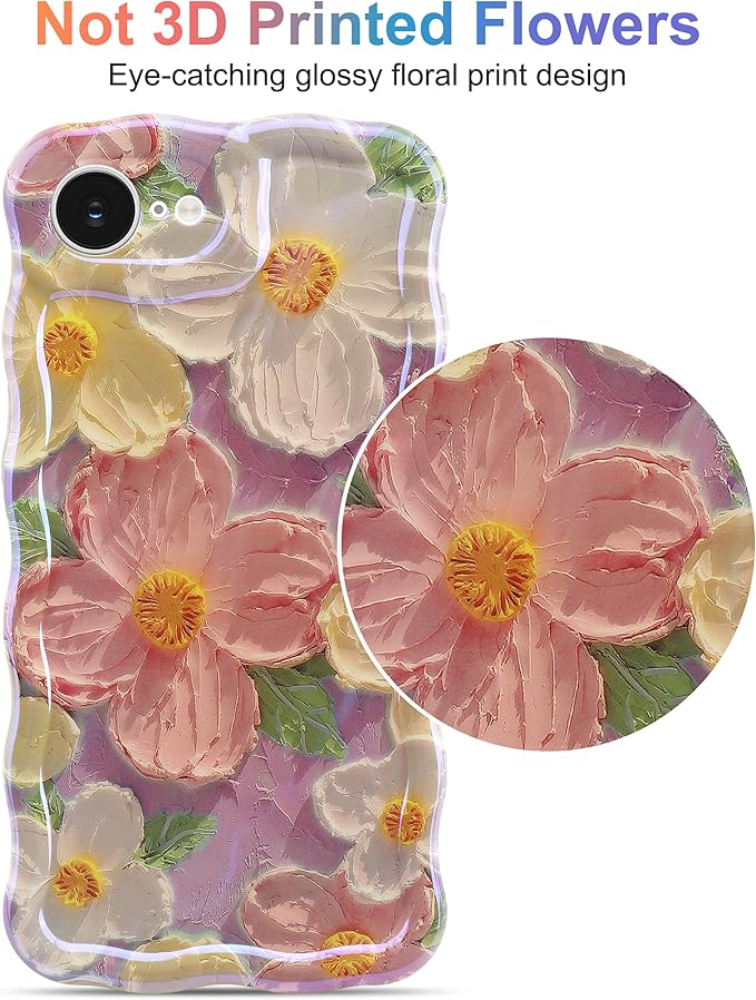 Jusy Compatible with iPhone 16e, Colorful Retro Oil Painting Printed Flower Laser Blue Glossy Pattern Cute Curly Wave Phone Case Soft TPU Cover for Girly Women - Pink