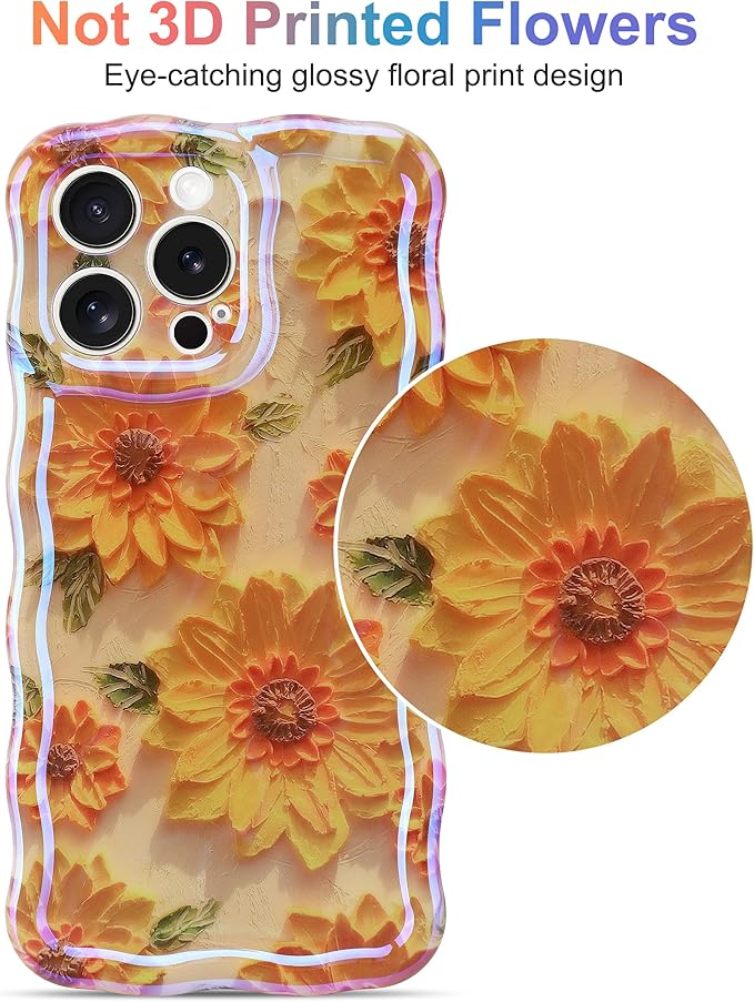 Jusy Compatible with iPhone 14 Pro Max, Colorful Retro Oil Painting Printed Flower Laser Glossy Pattern Cute Curly Wave Phone Case Soft TPU Cover for Girly Women - Sunflower