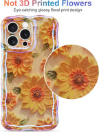 Jusy Compatible with iPhone 14 Pro Max, Colorful Retro Oil Painting Printed Flower Laser Glossy Pattern Cute Curly Wave Phone Case Soft TPU Cover for Girly Women - Sunflower