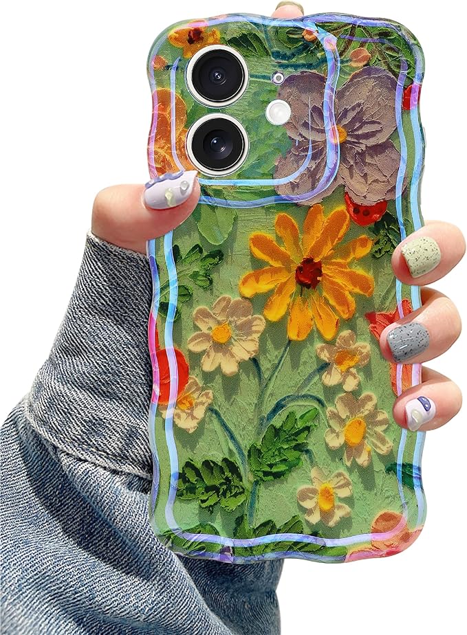 Jusy Compatible with iPhone 11, Colorful Retro Oil Painting Printed Flower Laser Glossy Pattern Cute Curly Wave Phone Case Soft TPU Cover for Girly Women - Green Yellow