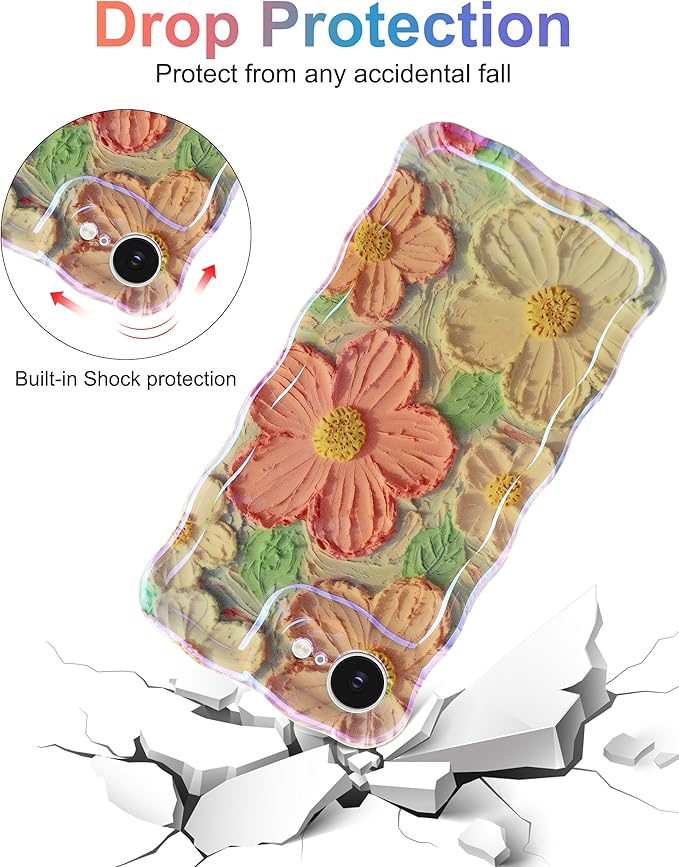 Jusy Compatible with iPhone 16e, Colorful Retro Oil Painting Printed Flower Laser Glossy Pattern Cute Curly Wave Phone Case Soft TPU Cover for Girly Women - Orange Yellow