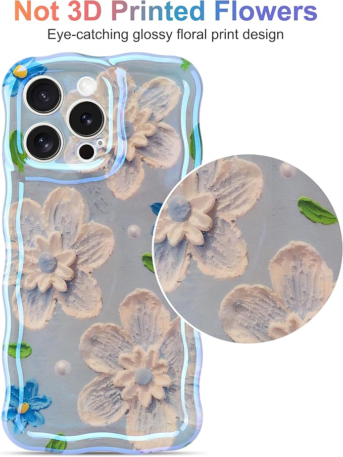 Jusy Compatible with iPhone 14 Pro Max, Colorful Retro Oil Painting Printed Flower Laser Glossy Pattern Cute Curly Wave Phone Case Soft TPU Cover for Girly Women - Blue Flower