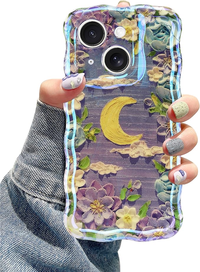 Jusy Compatible with iPhone 14 Plus/15 Plus, Colorful Retro Oil Painting Printed Flower Laser Glossy Pattern Cute Curly Wave Phone Case Soft TPU Cover for Girly Women - Purple Moon