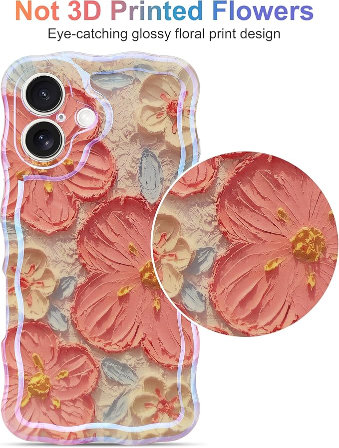 Jusy Compatible with iPhone 16, Colorful Retro Oil Painting Printed Flower Laser Glossy Pattern Cute Curly Wave Phone Case Soft TPU Cover for Girly Women - Orange White
