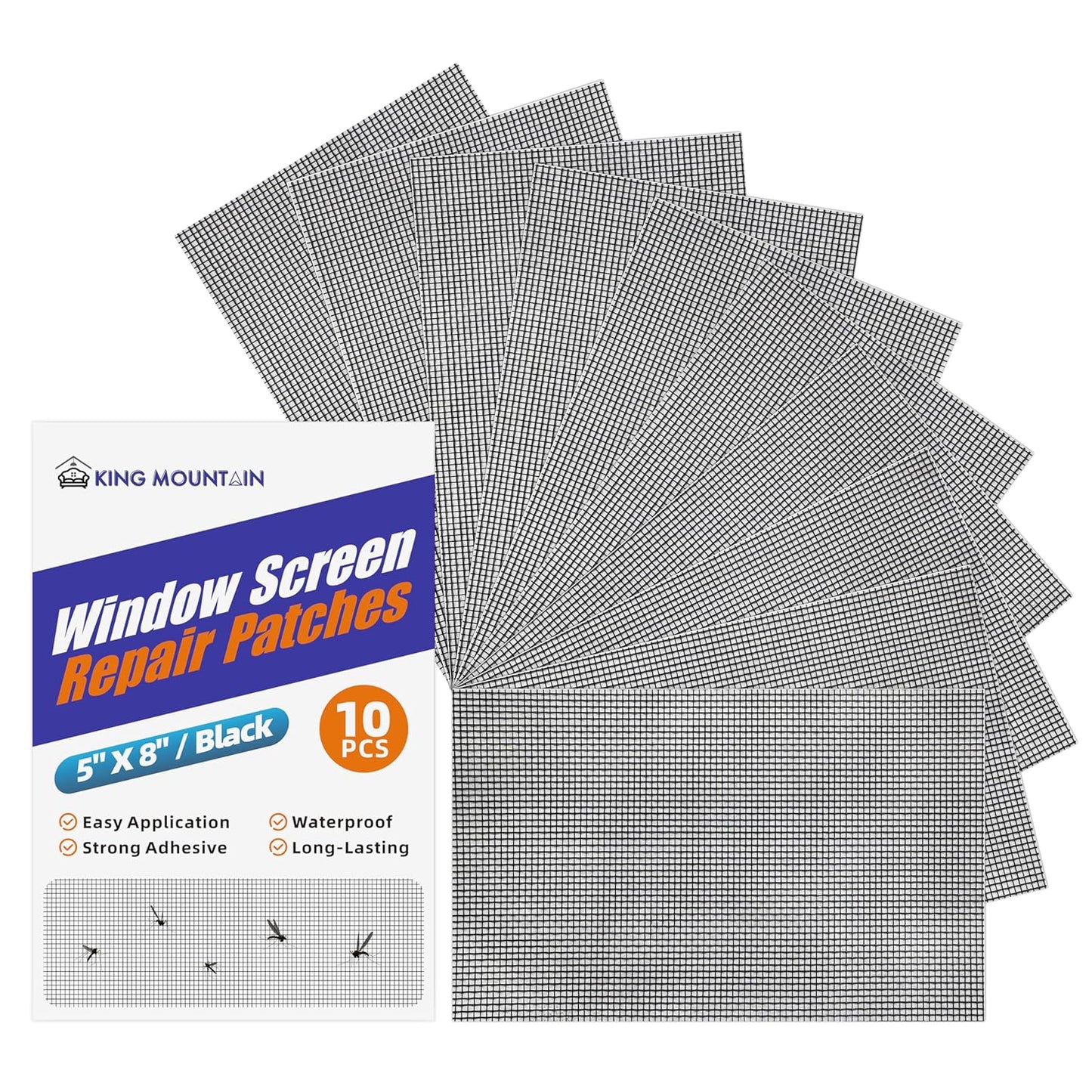 KING MOUNTAIN 10 Sheets Black Window Repair Patches, 58 in Repair Kit for Screen Tears Holes, Strong Adhesive Mesh Tape, Quick & Waterproof