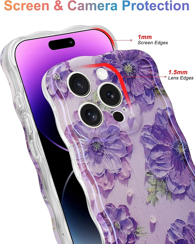 Jusy Compatible with iPhone 14 Pro, Colorful Retro Oil Painting Printed Flower Laser Glossy Pattern Cute Curly Wave Phone Case Soft TPU Cover for Girly Women -Purple