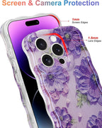 Jusy Compatible with iPhone 15 Pro Max, Colorful Retro Oil Painting Printed Flower Laser Glossy Pattern Cute Curly Wave Phone Case Soft TPU Cover for Girly Women -Purple