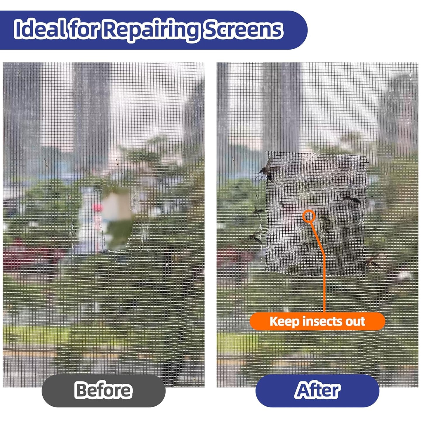 KING MOUNTAIN 10 Sheets Black Window Repair Patches, 58 in Repair Kit for Screen Tears Holes, Strong Adhesive Mesh Tape, Quick & Waterproof