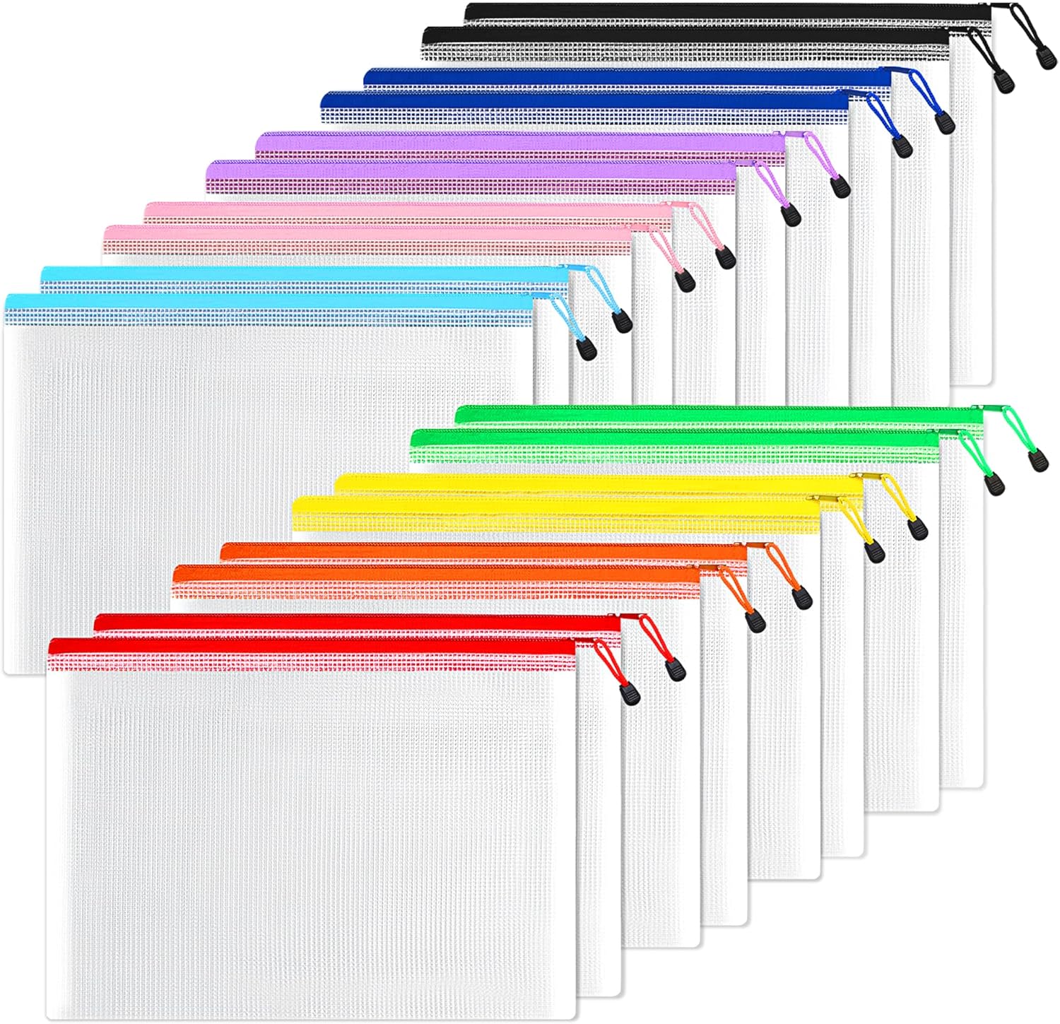 SUNEE Plastic Mesh Zipper Pouch 11x16 in (6 Colors, 18 Packs),Extra Large Water-Resistant Zip Bag for School Office Supplies, Puzzles & Games Organizing Storage