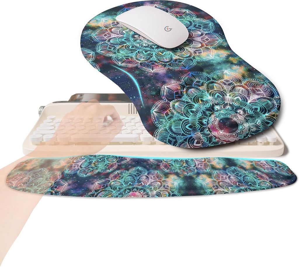 2-in-1 Ergonomic Set, Wave Rise Keyboard Wrist Rest and Massage Bulge Slope Mouse Pad Wrist Support, Cushion Memory Foam Integrated to Relieve Wrist Pain, Galaxy Mandala