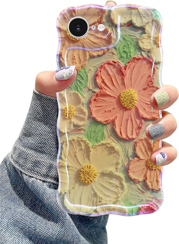 Jusy Compatible with iPhone 16e, Colorful Retro Oil Painting Printed Flower Laser Glossy Pattern Cute Curly Wave Phone Case Soft TPU Cover for Girly Women - Orange Yellow