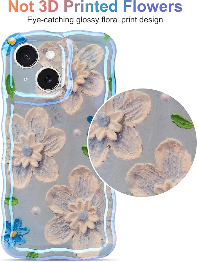 Jusy Compatible with iPhone 14 Plus/15 Plus, Colorful Retro Oil Painting Printed Flower Laser Glossy Pattern Cute Curly Wave Phone Case Soft TPU Cover for Girly Women - Blue Flower