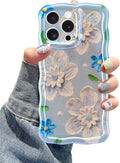 Jusy Compatible with iPhone 14 Pro Max, Colorful Retro Oil Painting Printed Flower Laser Glossy Pattern Cute Curly Wave Phone Case Soft TPU Cover for Girly Women - Blue Flower