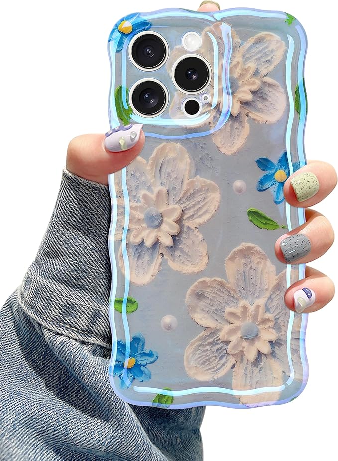 Jusy Compatible with iPhone 14 Pro Max, Colorful Retro Oil Painting Printed Flower Laser Glossy Pattern Cute Curly Wave Phone Case Soft TPU Cover for Girly Women - Blue Flower