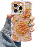 Jusy Compatible with iPhone 13 Pro Max, Colorful Retro Oil Painting Printed Flower Laser Glossy Pattern Cute Curly Wave Phone Case Soft TPU Cover for Girly Women - Pink Rose