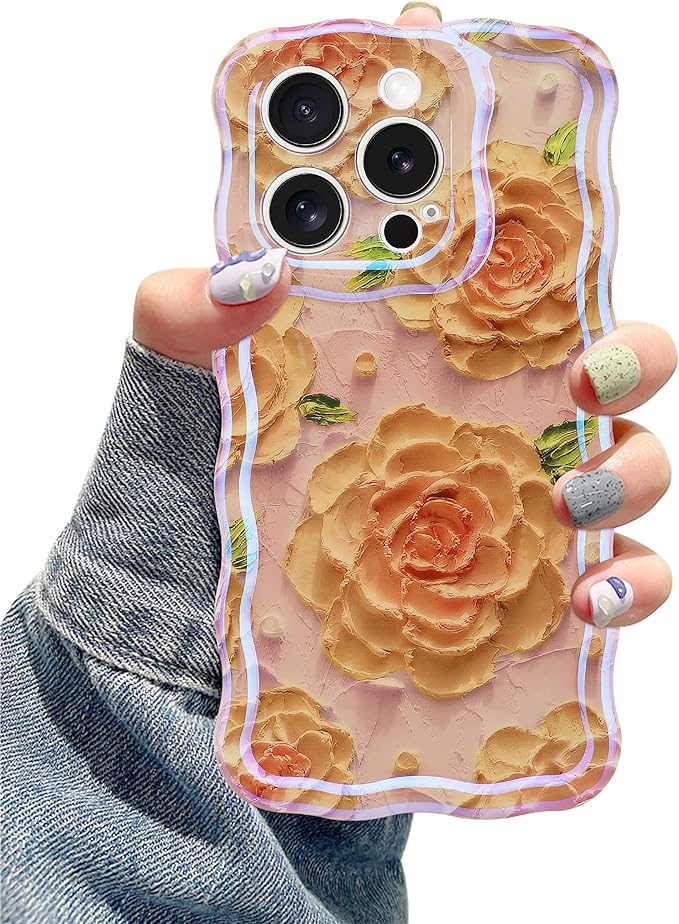 Jusy Compatible with iPhone 12 Pro Max, Colorful Retro Oil Painting Printed Flower Laser Glossy Pattern Cute Curly Wave Phone Case Soft TPU Cover for Girly Women - Pink Rose