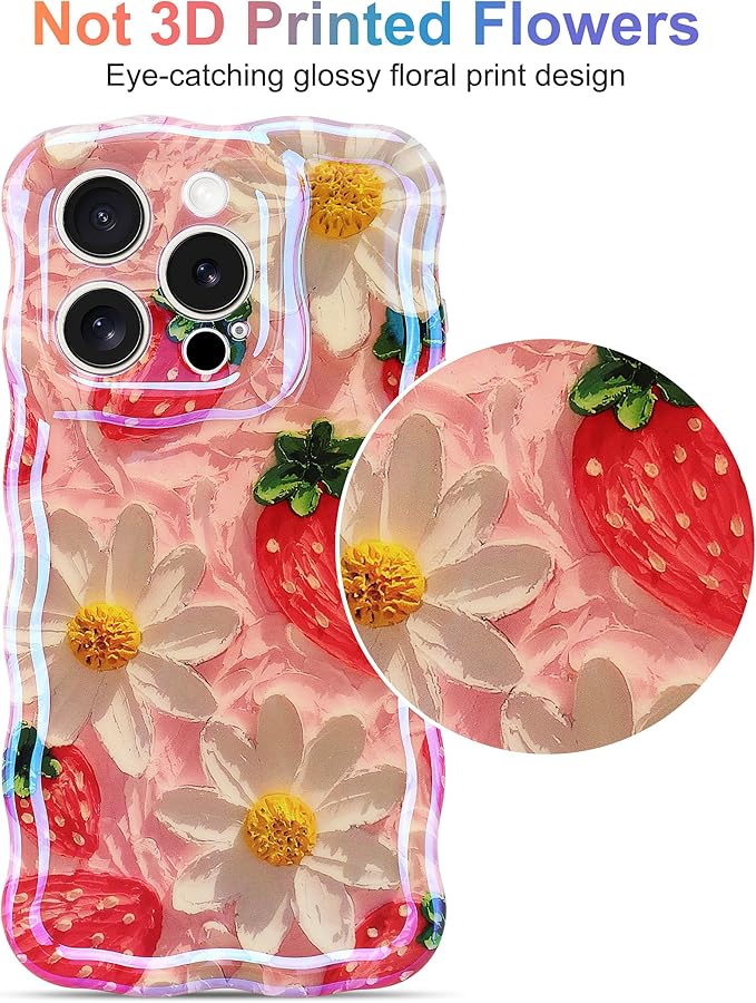 Jusy Compatible with iPhone 13 Pro Max, Colorful Retro Oil Painting Printed Flower Laser Glossy Pattern Cute Curly Wave Phone Case Soft TPU Cover for Girly Women - Strawberry Flower