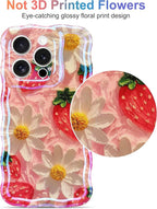 Jusy Compatible with iPhone 16 Pro Max, Colorful Retro Oil Painting Printed Flower Laser Glossy Pattern Cute Curly Wave Phone Case Soft TPU Cover for Girly Women - Strawberry Flower